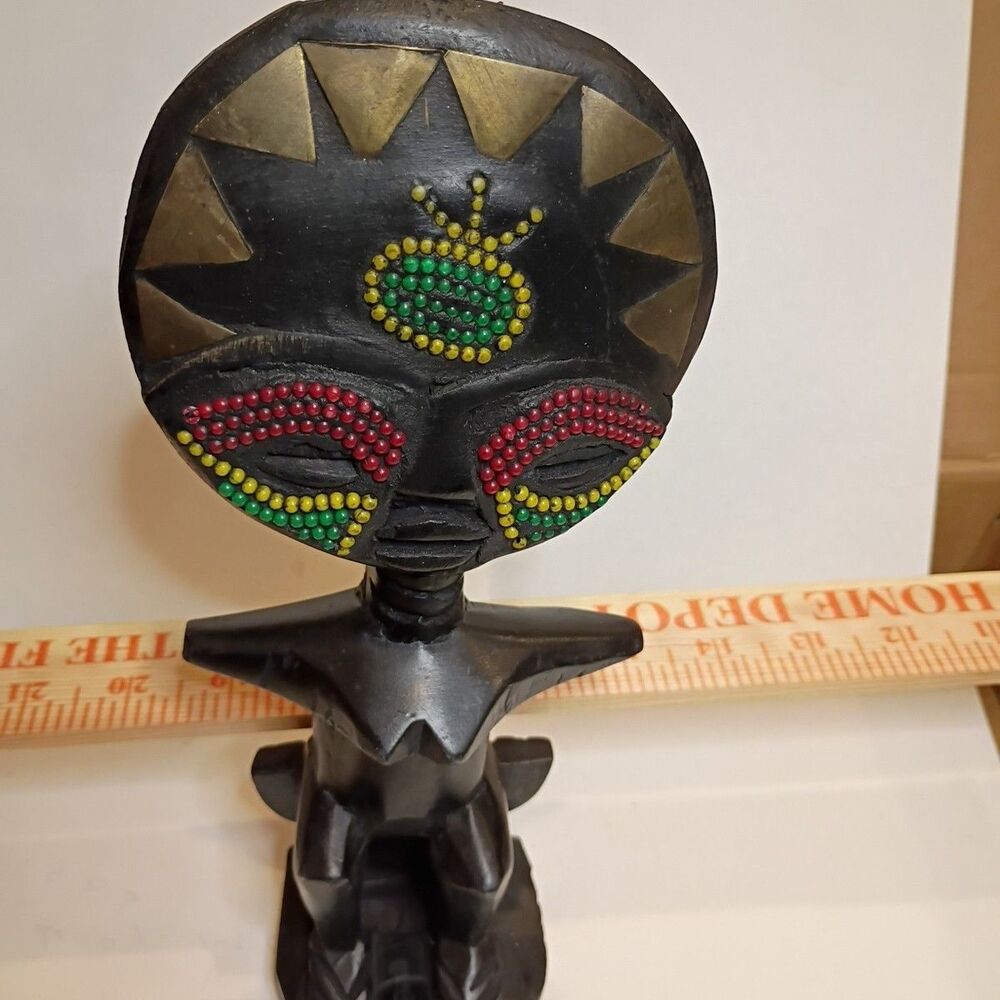 Vintage African Fertility Statue, Very Rare, From Ghana Beaded Face And Symbol